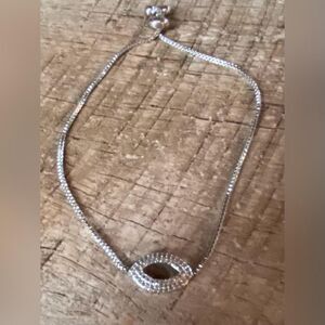Silver Tone Oval Pendant Bracelet Bolo Chain Clear Rhinestone 8"